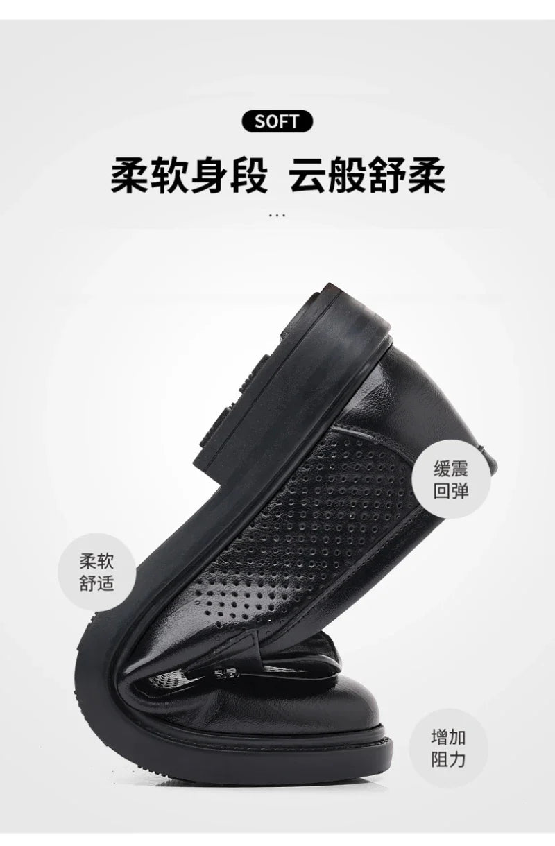 Mens Black Penny Loafers With Perforated Detail Slip On Comfortable Breathable Dress Shoes For Business Office And Summer Wear