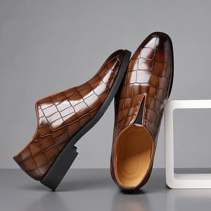 Mens Classic Temperament Brown Crocodile Embossed Leather Loafers Slip On Formal Dress Shoes For Business Office And Casual Wear