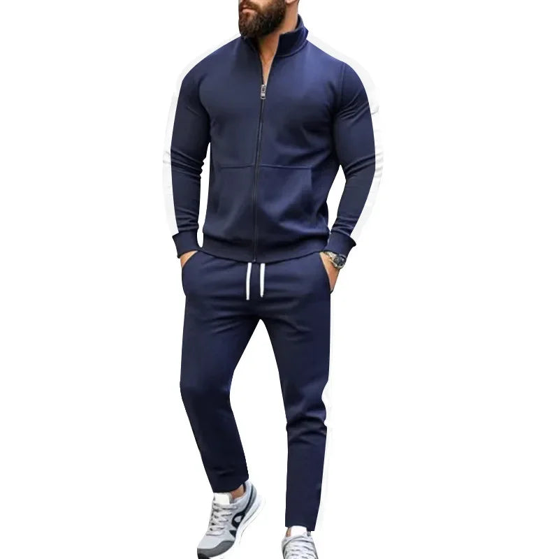 2025 Spring Autumn Men's 2-Piece Set Color Blocking Zipper Stand Collar Casual Sports Jacket Sweatshirt Trousers Suit
