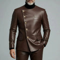 Luxury PU Men's Suits Fashion Single Breasted Round Neck Slim Fit Leather Jacket High Quality Business Male Clothing
