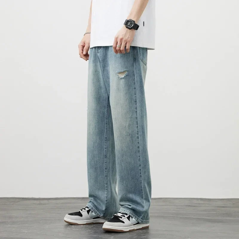 Korea Baggy Cargo Jeans Men Vintage Straight Ripped Y2k Pants Fashion Frayed High Street Distressed Denim Trousers Male Clothes