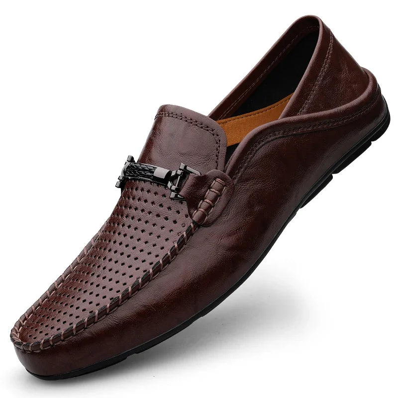Men Casual Summer Shoes Hollow Out Breathable Men's Driving Shoes High Quality Male Business Shoes 2024 Genuine Leather Loafers