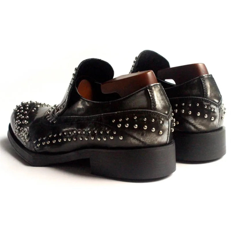 New Shaped Heel Fashion Rivets Leather Shoes Men Handmade Genuine Leather Dress Slip on Loafers Oxfords Office Male Shoes