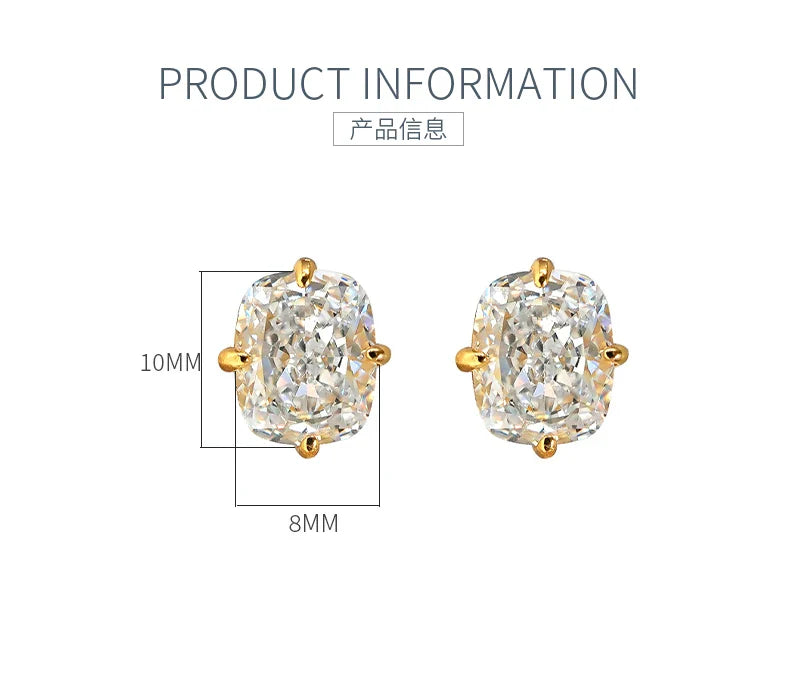 Light luxury 8 * 10 crushed ice cut 925 silver ear nail inlaid with high carbon diamond fat rectangular temperament for women