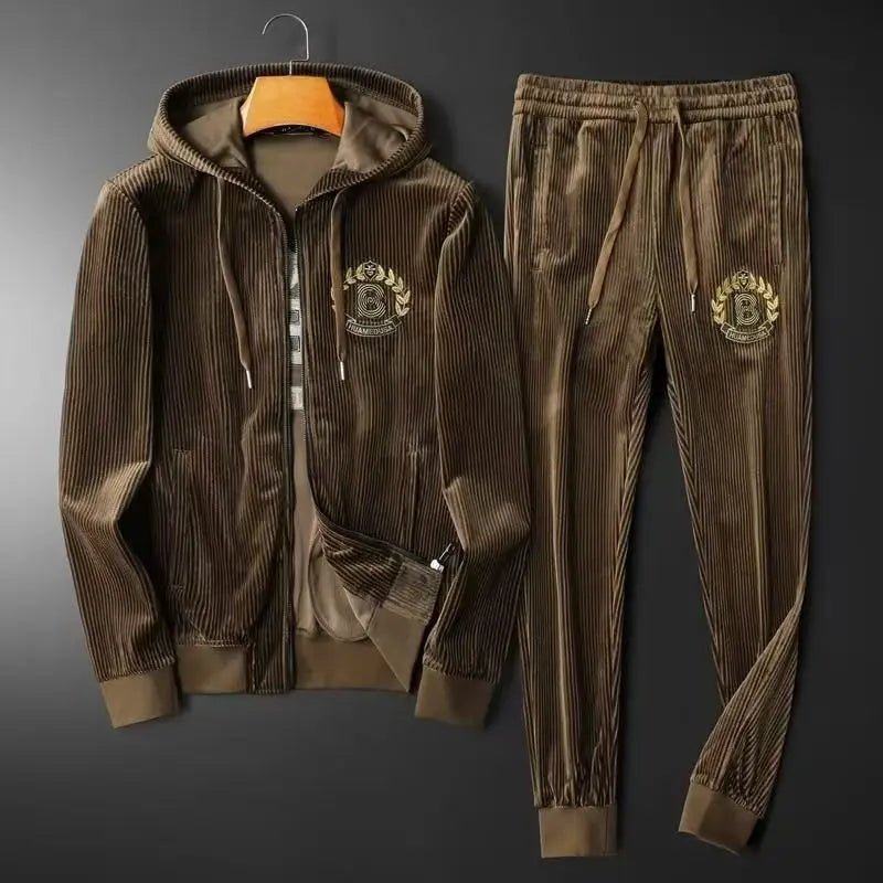 Autumn Men's Sportswear Solid Color Solid Color Zipper Hooded Pocket Jacket Drawstring Trousers Sports Clothing Set