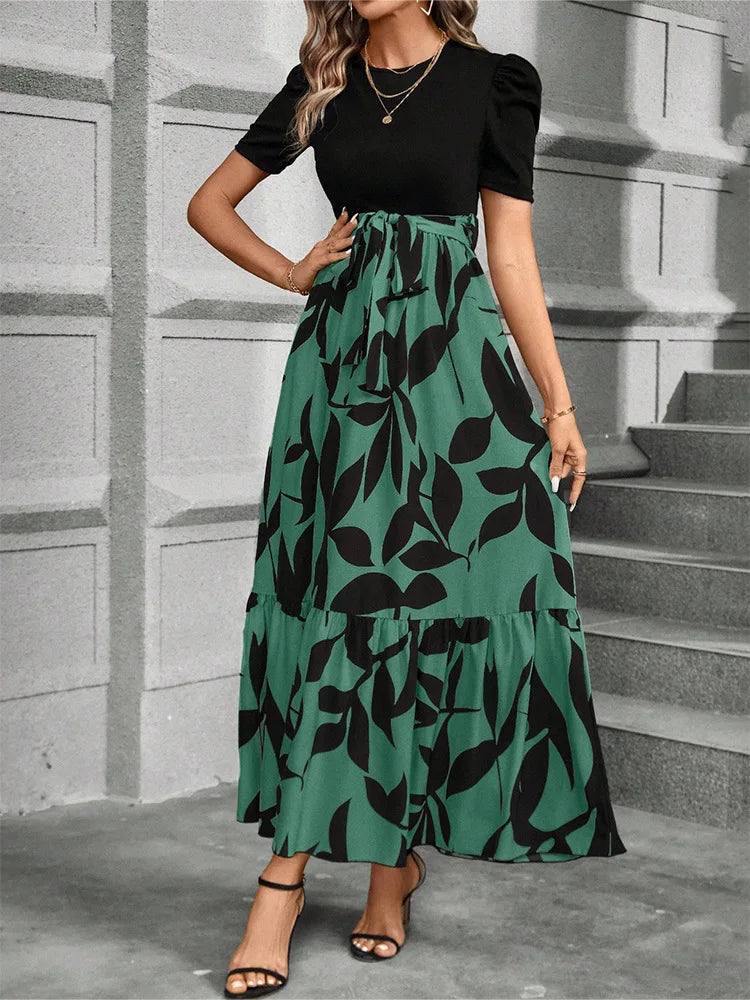 Elegant Floral Print Round Neck Long Dresses Women Short Sleeve High Waist Lace-up Office Lady Holiday Party Dresses Vestidos