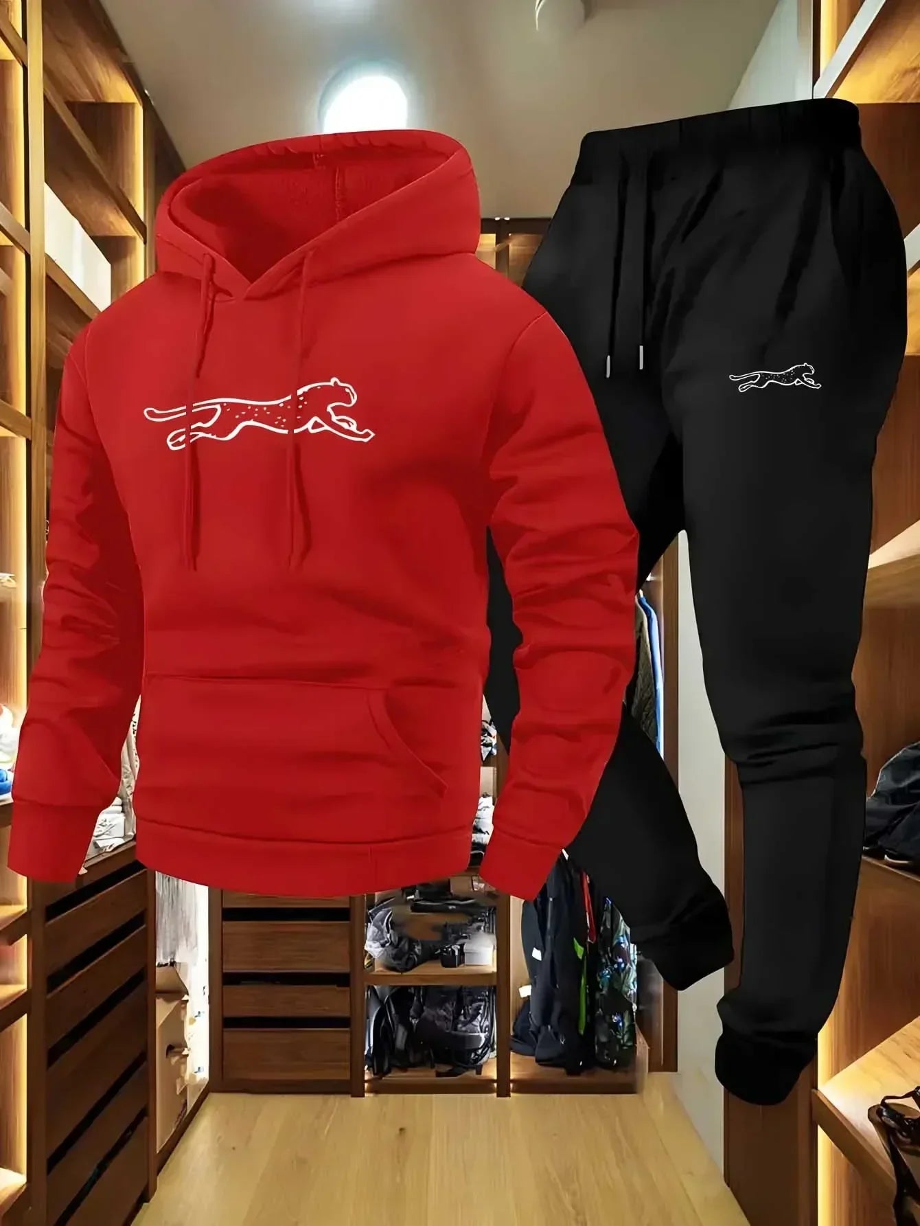 Men's hooded sweatshirt and sweatpants set casual long-sleeved Leopard print hooded style pocket comfortable Streetwear style
