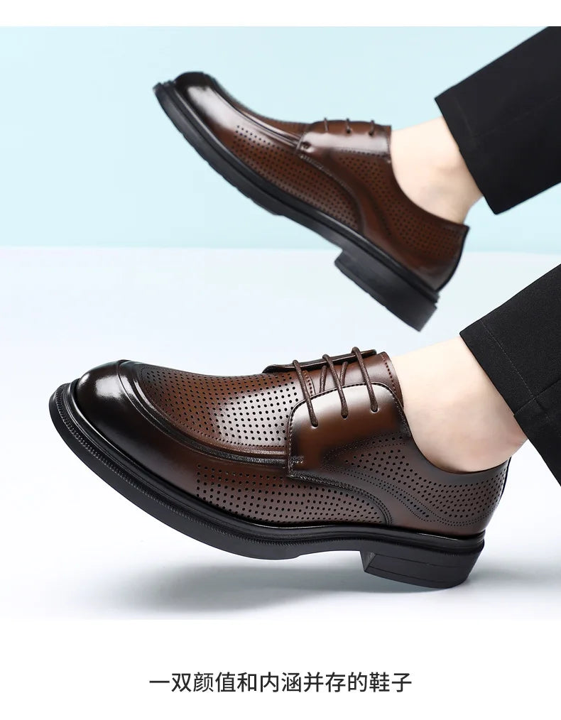 New Lace Designer Derby Shoes for Man Hallow Breathable Business Casual Leather Shoes Male Summer Autumn Fashion Dress Shoe Man