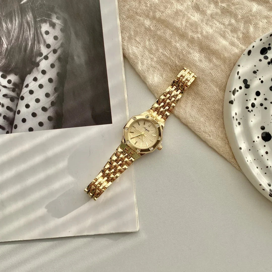 Women's Fashion Round Room Gold Steel Band Quartz Wristwatch Luxury Ladies Golden Watch for Women Clock Female Reloj