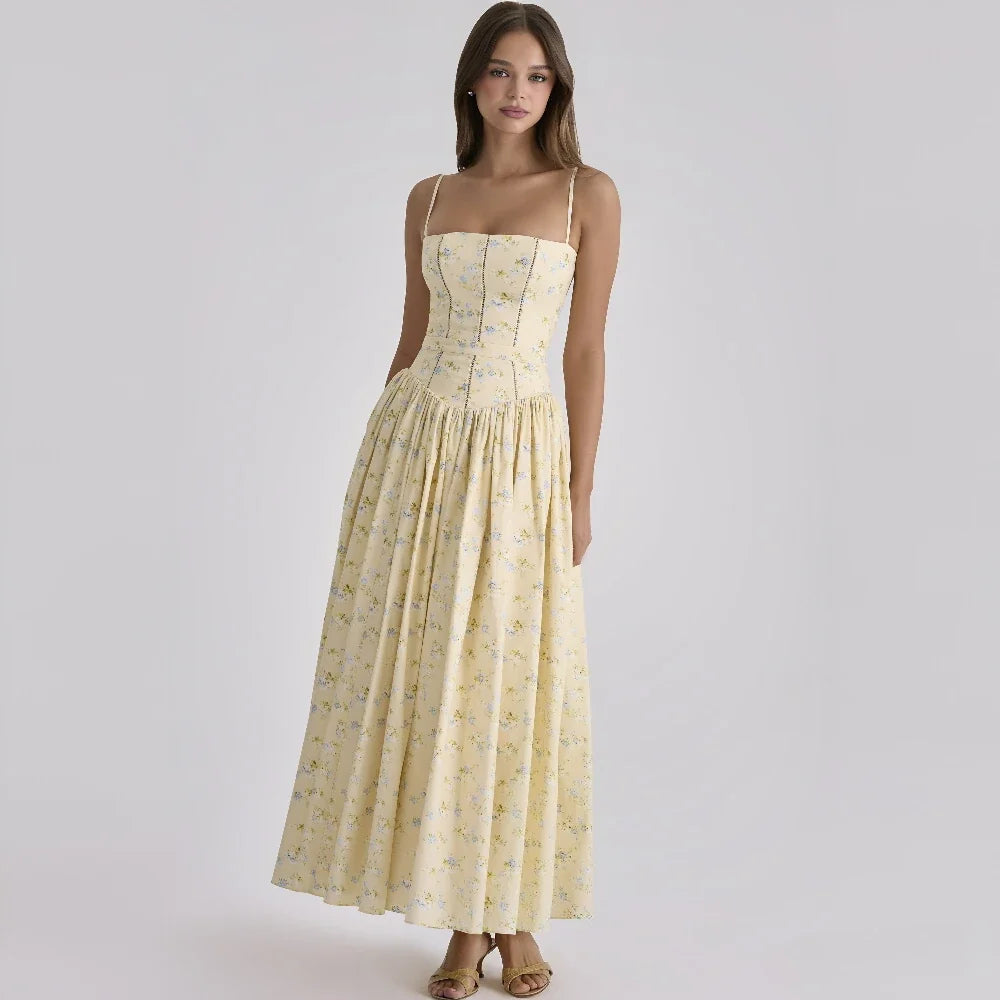 Suninbox Summer Floral Print Spaghetti Strap Maxi Dress Women Elegant Vintage Holiday Party Beach Wear Dress