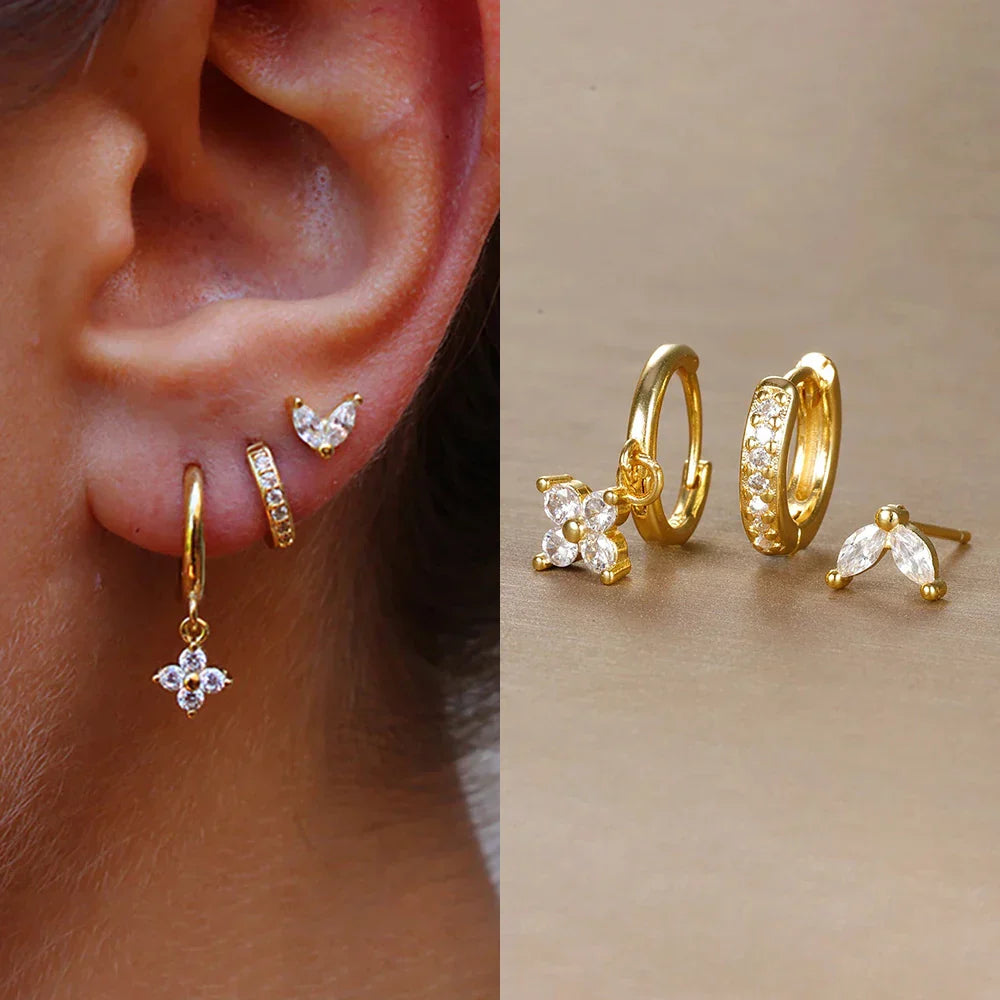 3PCS Trendy Stainless Steel Flower Drop Earring Set For Women Crystal Zirconia Dangle Earring Hypoallerg Piercing Jewelry aretes