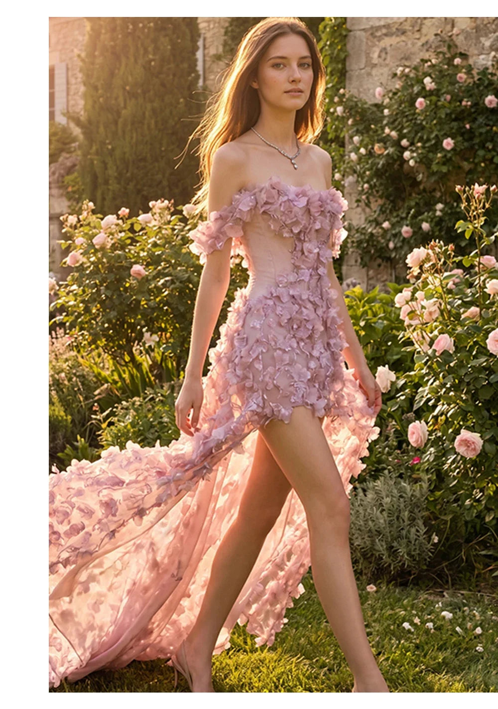 Pink Off Shoulder Mini Evening Dress 3D Handmade Floral Petal Appliques Long Train Tulle Formal Prom Gown Sexy High Split