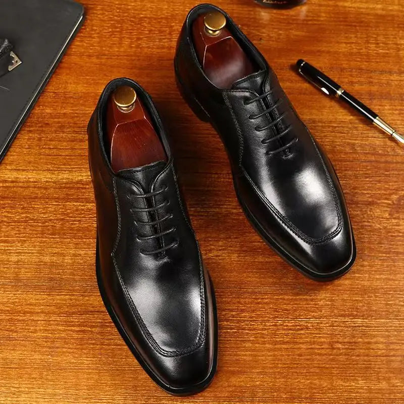 Spring Autumn Soft Square Toe Lace Up Dress Shoes Man High Quality Fashion Cowhide Elegant and Classic 39 Social Shoe for Men