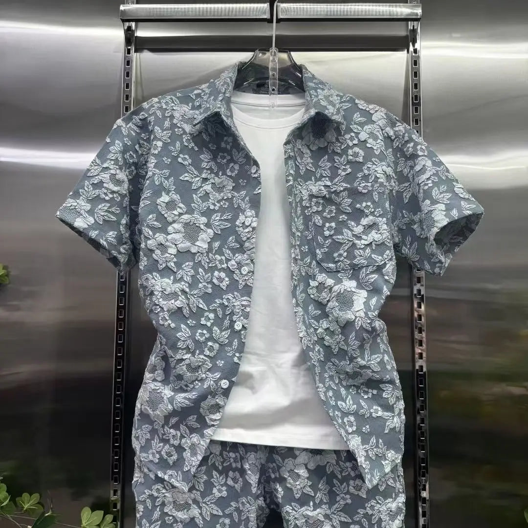Summer Shirts+Pants Men Sets New Men Casual Print Shirt Two Piece Mens Sportswear Jogger Tracksuits Fashion Suit