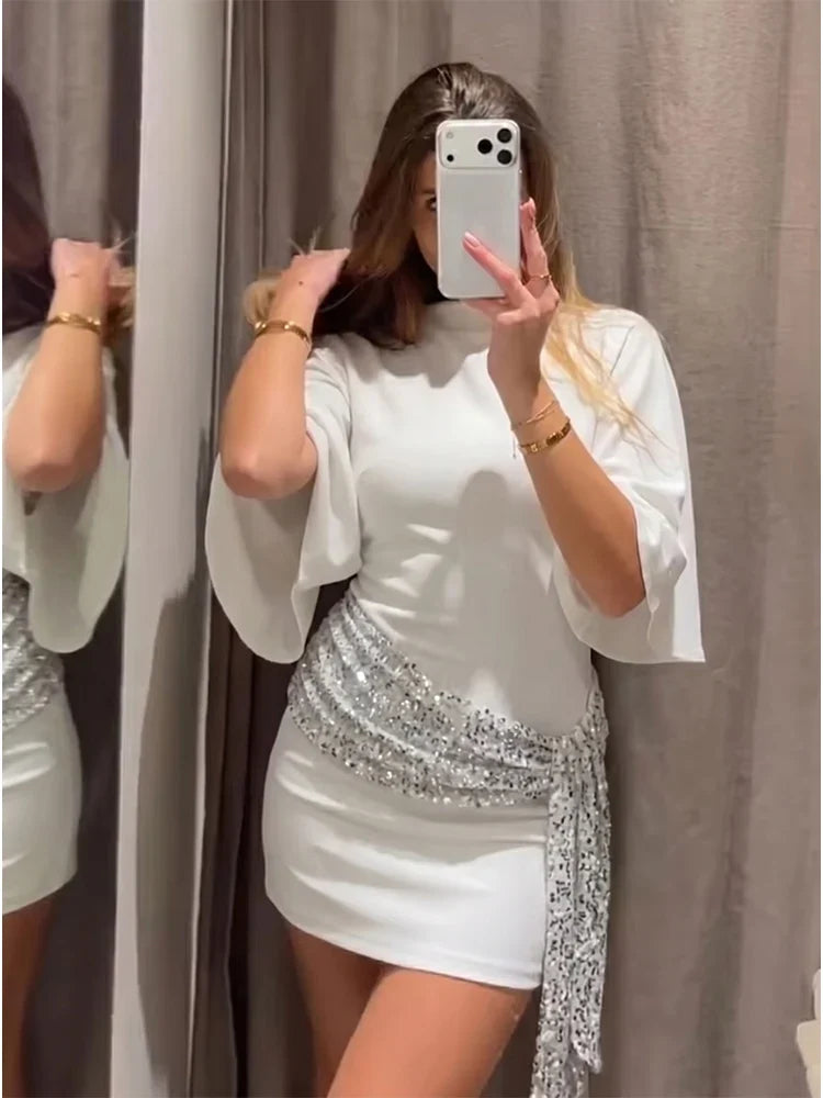 2026 Women Elegant White Short-Sleeved Backless Sequined Splicing Decoration Sexy Short Dress Woman Fashion Party Mini Dress