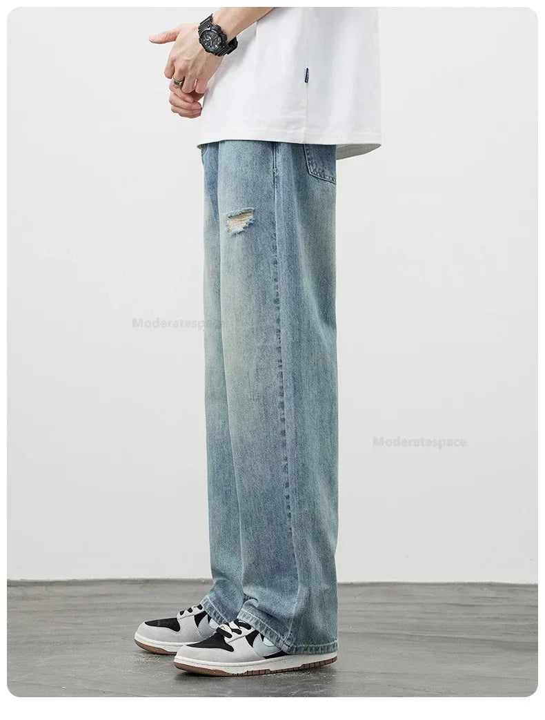 Korea Baggy Cargo Jeans Men Vintage Straight Ripped Y2k Pants Fashion Frayed High Street Distressed Denim Trousers Male Clothes