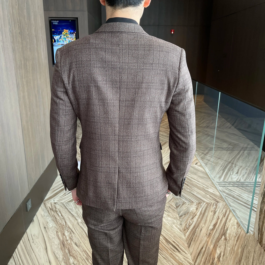 British Modified Plaid Three-Piece Suit for Men - Stylish Business Casual Suit Vest And Trousers Set