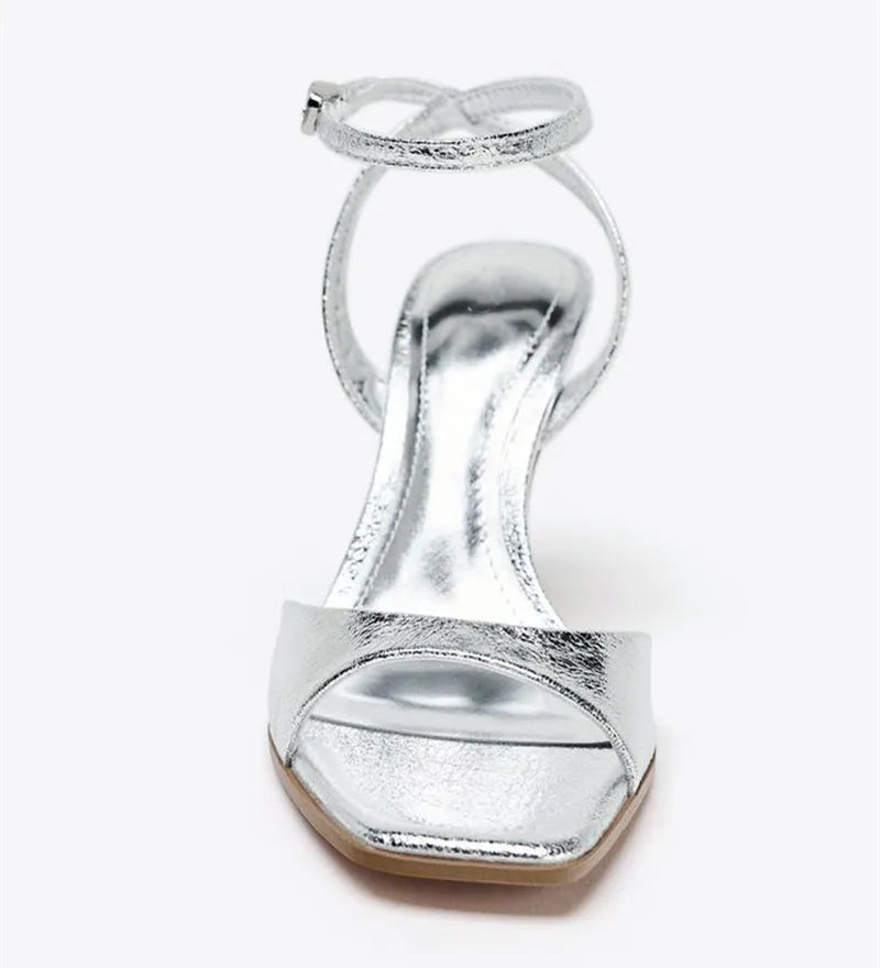 Silver Patent Leather Ankle Buckle Heeled Sandals Women Elegant Square Toe Open Toe High Heels Summer Sexy Party Dress Shoes
