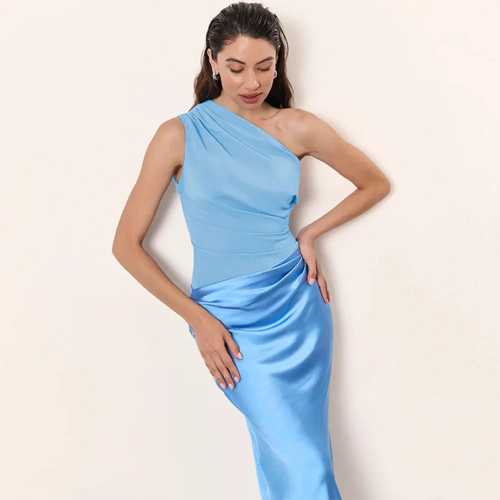 Patchwork Satin Sexy Dress Women One Shoulder Brown Sleeveless Evening Maxi Dress 2025 New Summer Elegant Party Clubwear Dresses