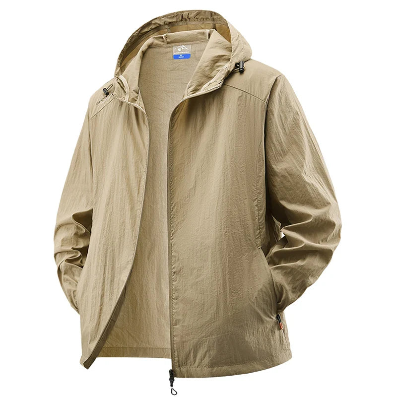 Men’s lightweight waterproof hiking jacket, hooded outdoor sports coat, summer sun protection, M–XXL