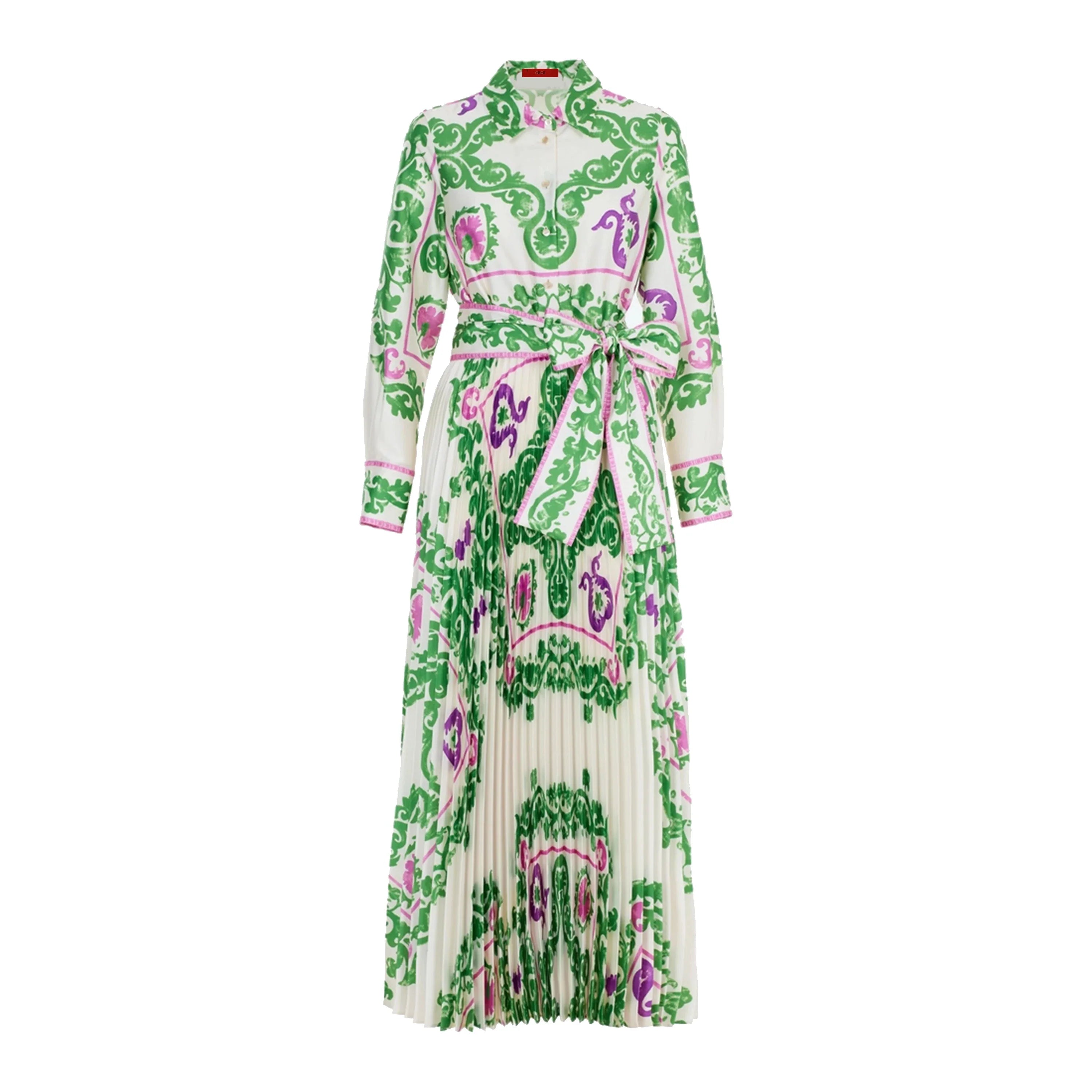Elegant Women's Printing Dresses Lace Up Neck Long Sleeve Elegant Dress 2024 New Autumn Robe Midi Shirt Dress