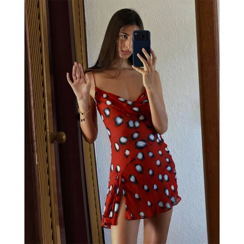 Print V-neck Lace Up Casual Dress Women Chic Thin Mesh Polka Dot Flared Sleeves Patchwork Slim Fit Dresses Lady Daily Vestidos