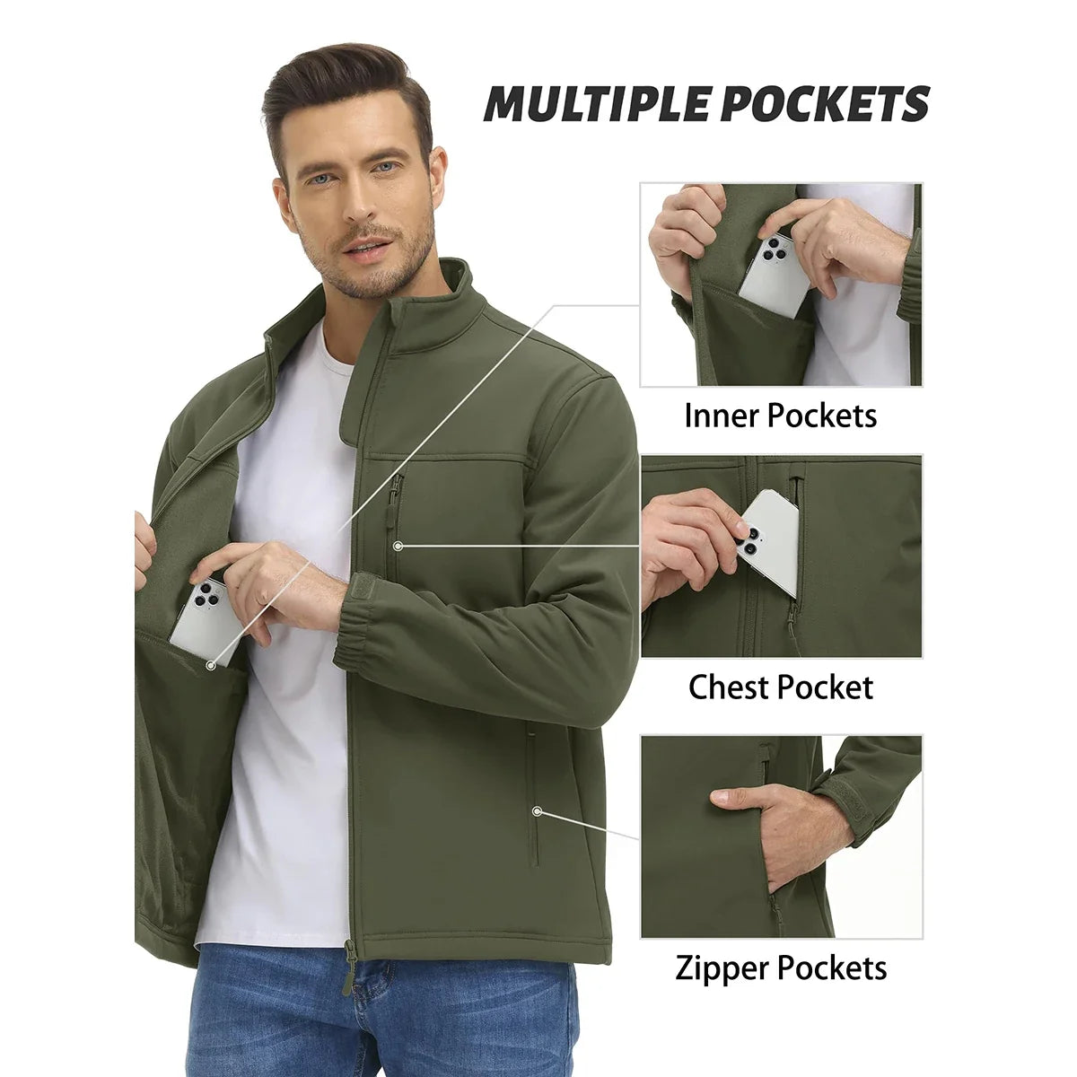 Men's Waterproof Outdoor Hiking Jacket Full Zip Windproof Fleece Lining Warm Fall Winter Work Casual Jackets