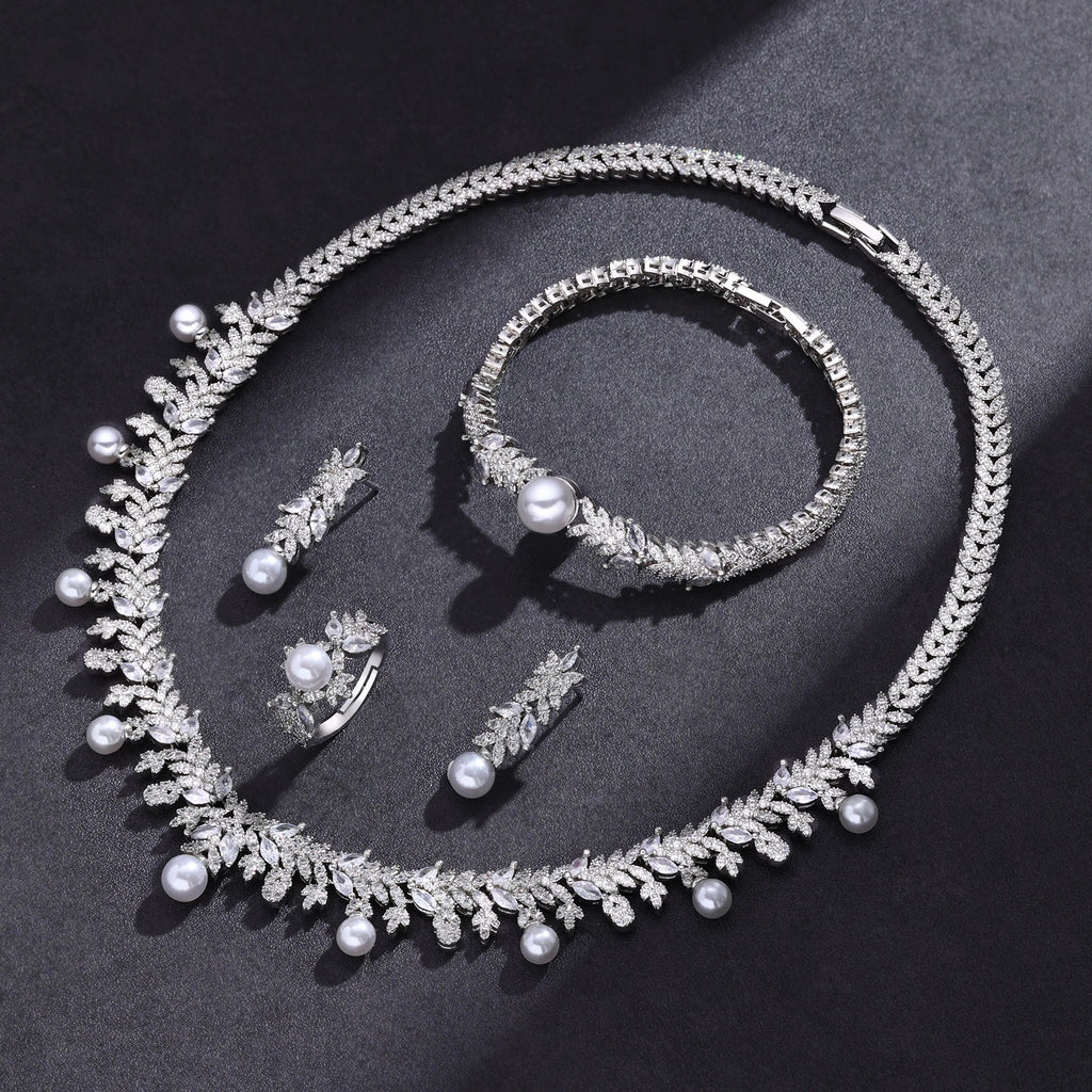 2023 New Cubic zirconia Pearl Necklace Earrings Set of 4 Women's Wedding Party All Zircon Dubai Bridal Jewelry Set Gift