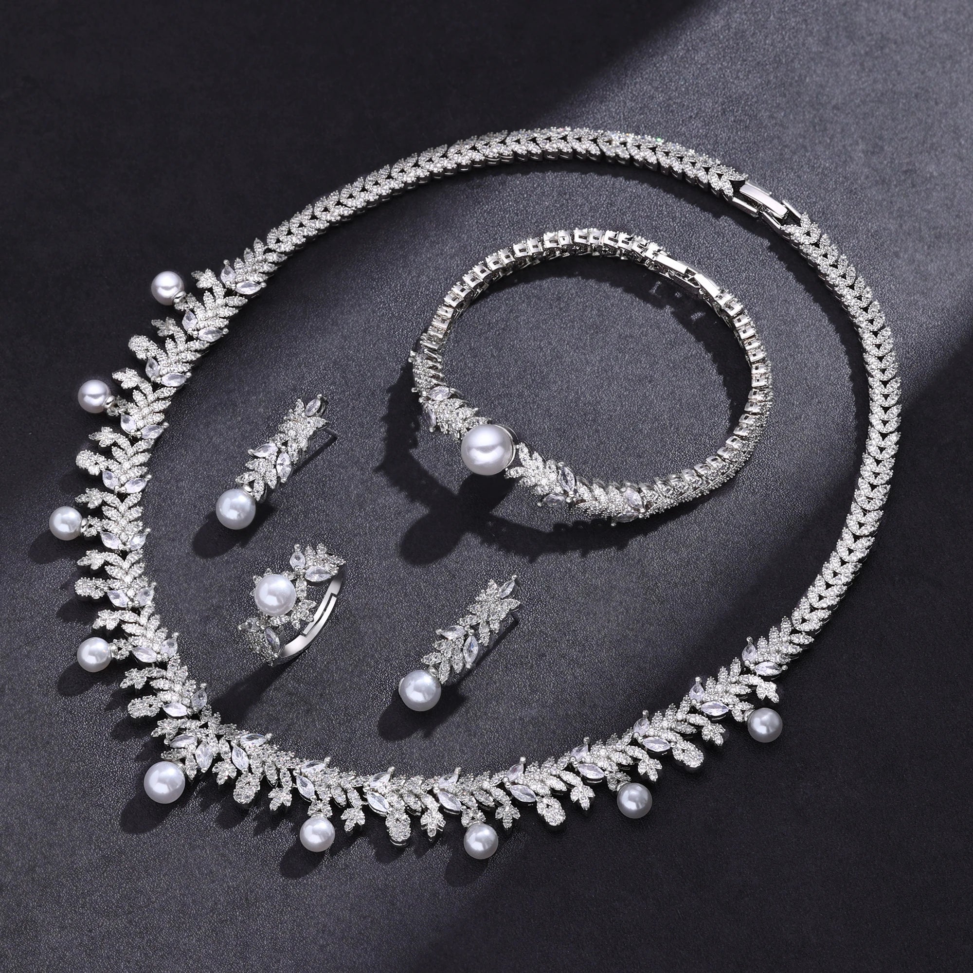 2023 New Cubic zirconia Pearl Necklace Earrings Set of 4 Women's Wedding Party All Zircon Dubai Bridal Jewelry Set Gift