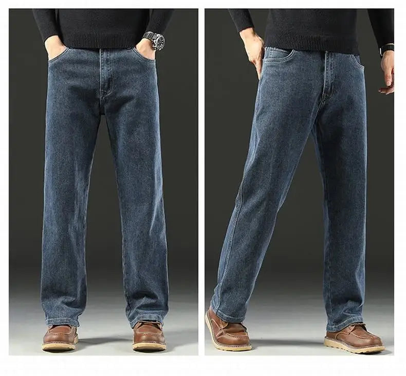 Men's Spring Autumn Soft Baggy Jeans Casual Straight Stretch Wide-Leg Business Denim Pants Versatile Comfortable Loose Trousers