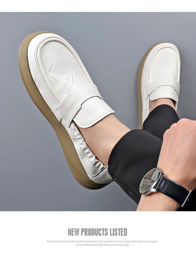 Spring Summer New Genuine Leather Shoes Men Solid Color Fashion Loafers Male Soft Sole Anti-slip Height-increasing Loafers Man