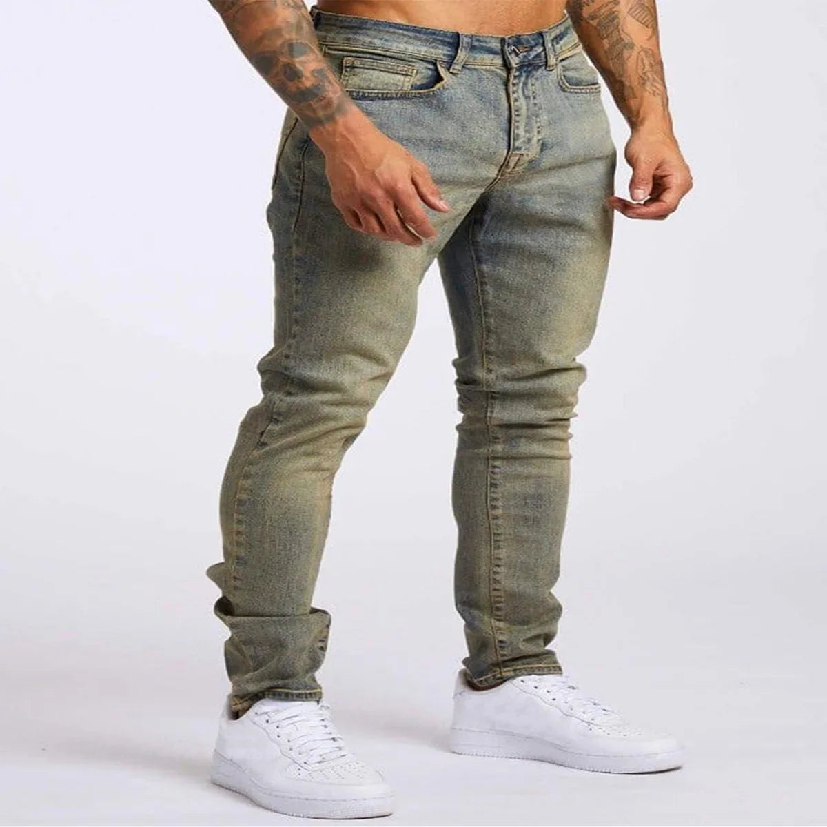 1pc men's elastic daily travel American street, regular banana pants jeans