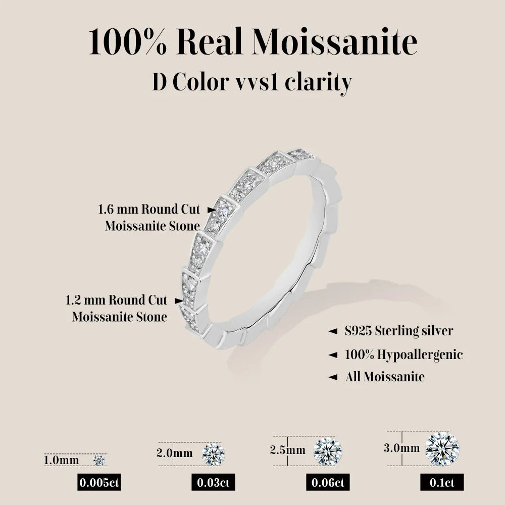 S925 Silver Snake Ring Pave Moissanite Wedding Eternity Band Stackable Luxury Fine Jewelry forWomen Pass Diamond Tester