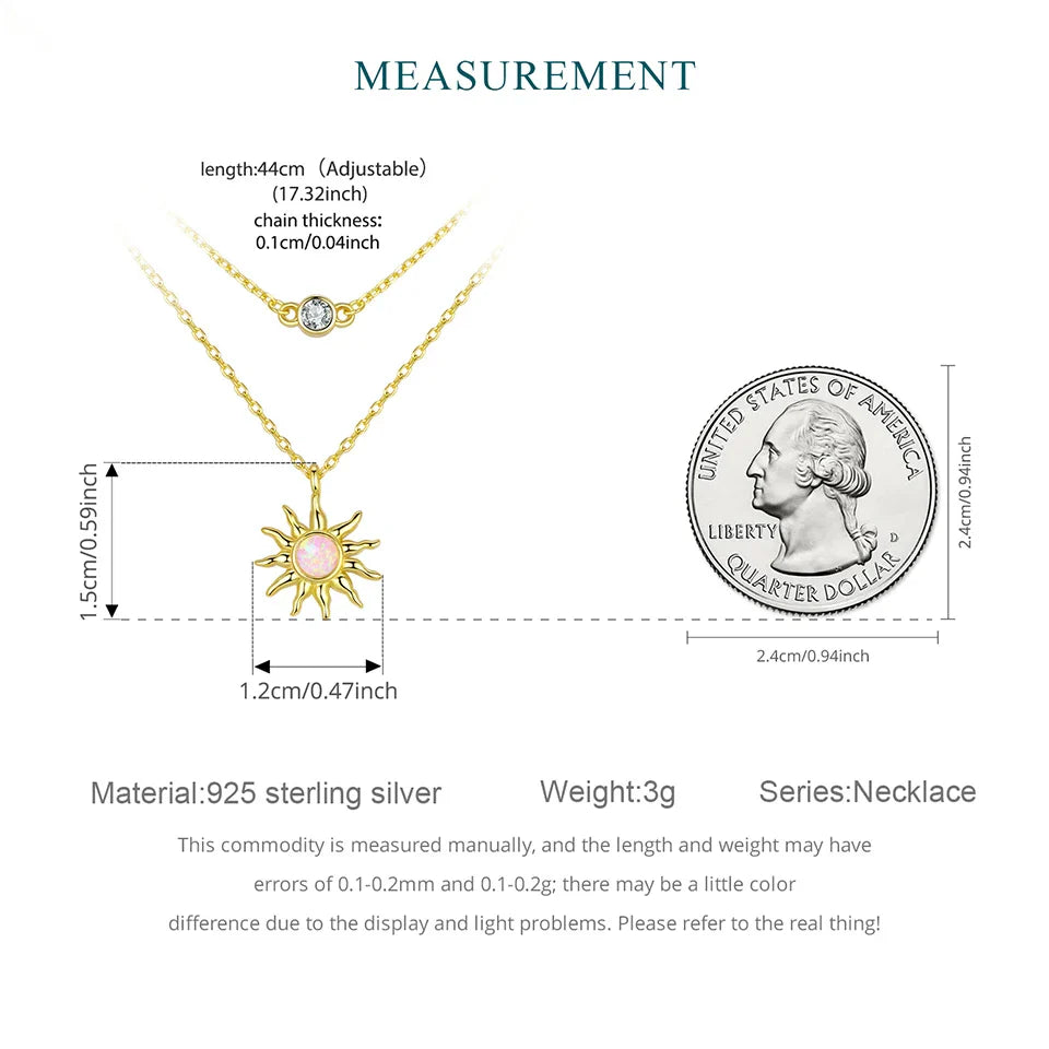 925 Sterling Silver Pink Opal Sun Double-layer Necklace Link Chain with Zircons 18K Gold Plated Pendant for Mother's Gift