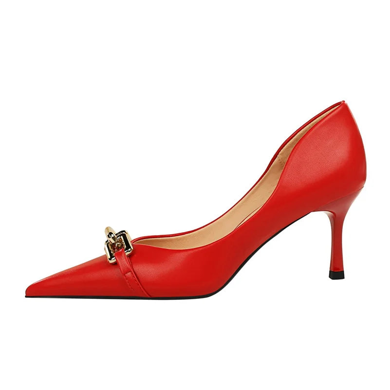 Women 7cm High Heels Pumps Lady Scarpins Fetish Nightclub Blue Nude Low Heels Wedding Party Metal Chain Buckle Fetish Prom Shoes