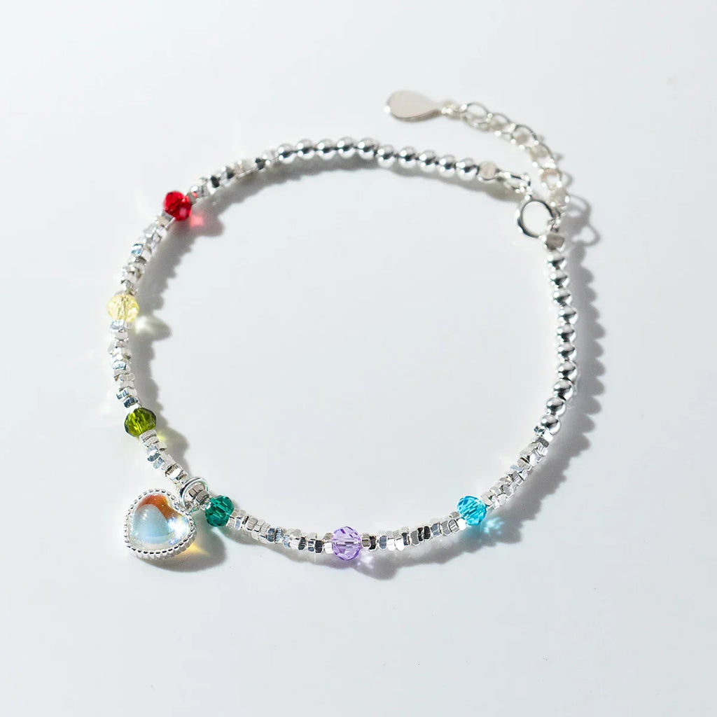 925 Sterling Silver Rainbow Color Crystal Beads Bracelet Charm Heart Moonstone Link Chain Bracelets For Women Jewelry