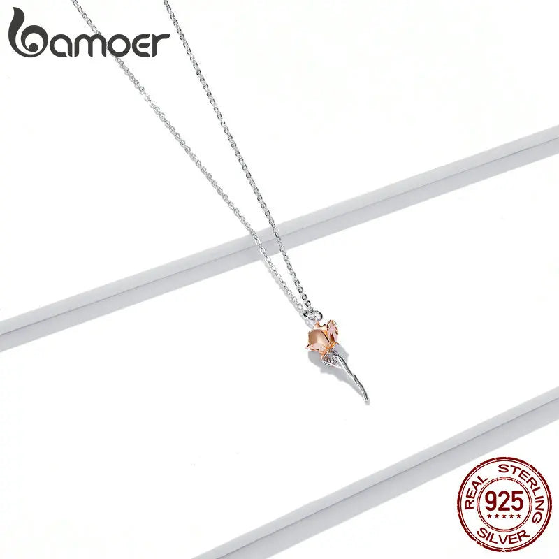 Sterling Silver 925 Graceful Rose Pendant Necklace for Women Chain Necklaces Plated platinum Jewelry BSN190