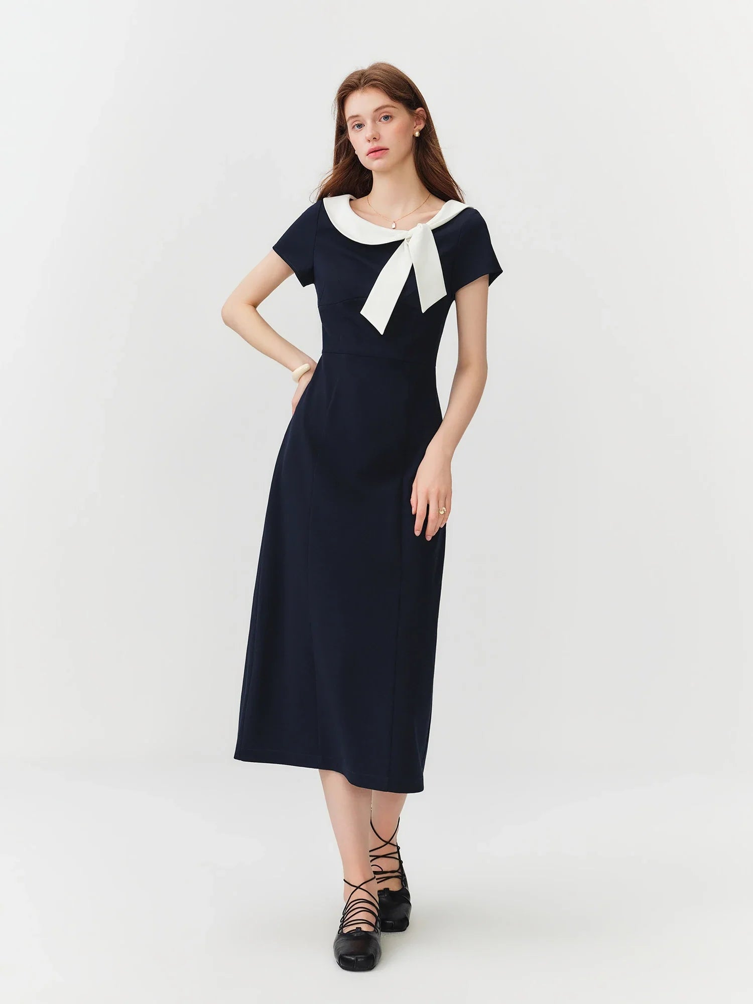Women Sailor Collar Contrast Bow Belt Midi Dress Waist-Cinching V-Neck French Coquette Chic Elegant Style