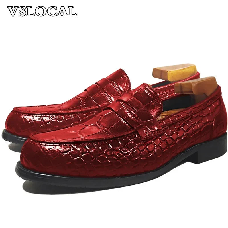 Fashion 5 Colors Men Leather Shoes Green Slip On Croco Prints Casual Mens Dress Shoes Wedding Office Banquet Loafers Men