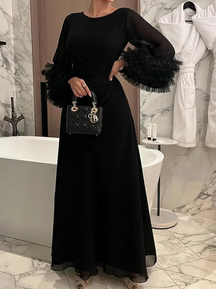 Elegant Solid Color Pleated Waist Party Evening Maxi Dresses