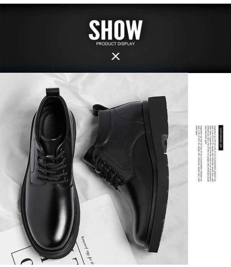 Mens Black Leather Lace Up Mid Top Boots Winter Warm Formal Business Office Wedding Shoes Black Work Boots Fashionable Dad Shoes