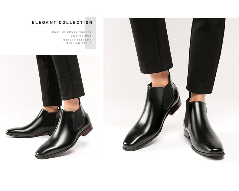 Elegant Simple Men Leather Boots Long Tip Square Toe British Chelsea Boots for Men Formal Business Luxury Shoes Spring Winter