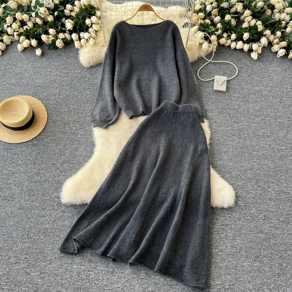 Autumn Casual Two Pieces Sets Women O-Neck Loose Knitting Top+Elastic Waist Large Swing Skirt Basic Korean Winter Sets