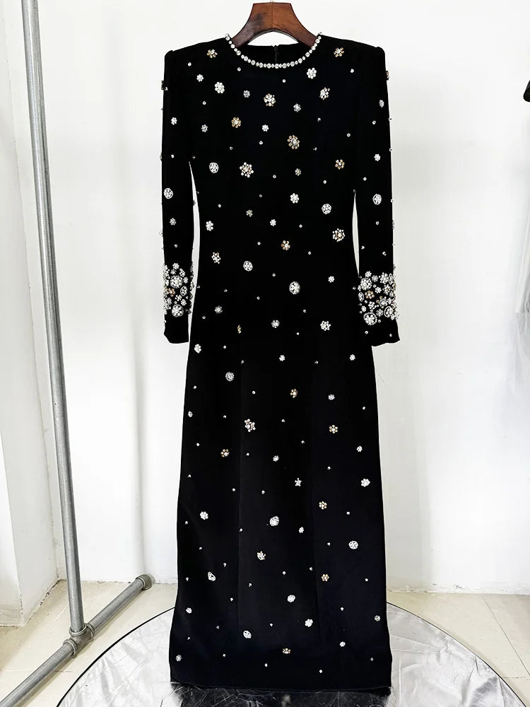 Newest Fashion 2026 Designer Party Vestido Women's Formal Long Sleeve Luxurious Beaded Long Maxi Dress