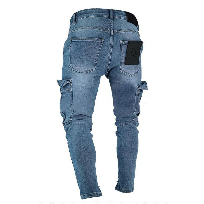 Men's Stretchy Skinny Ripped Jeans Side Pocket Washed Slim Denim Pants