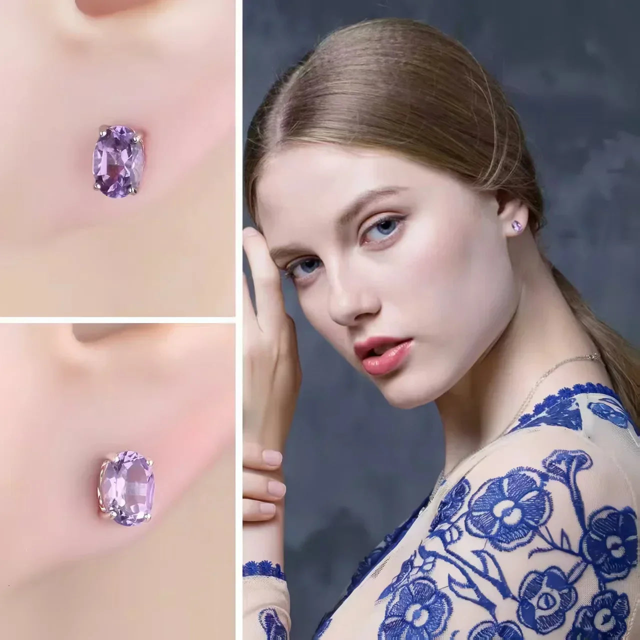 Rose Gold Yellow Gold Plated Oval Natural Amethyst Citrine Garnet Topaz Peridot 925 Sterling Silver Earrings for Women