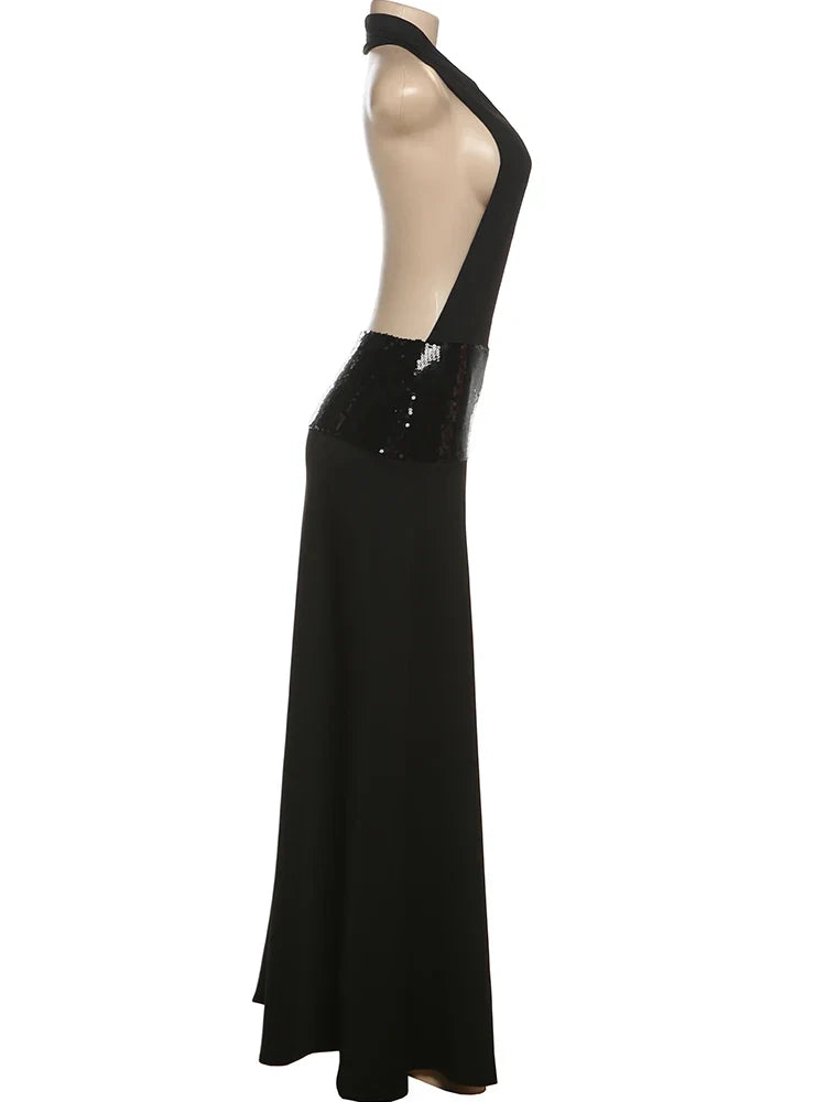 Backless Fashion Dresses Elegant Halter Patchwork Draped Maxi Bodycon Female Solid Simple Evening Party Frock New
