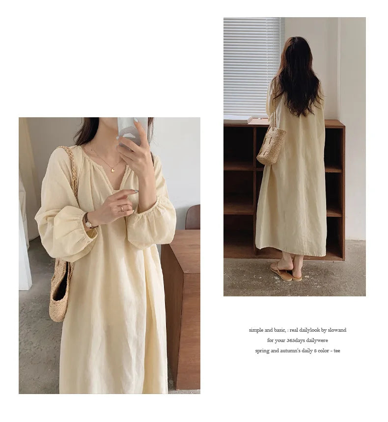 Vintage 100% Cotton Women Dress V Neck Long Sleeve Korean Jananse Pajama Dresses Ladies Comfortable Homewear Wearable Outside