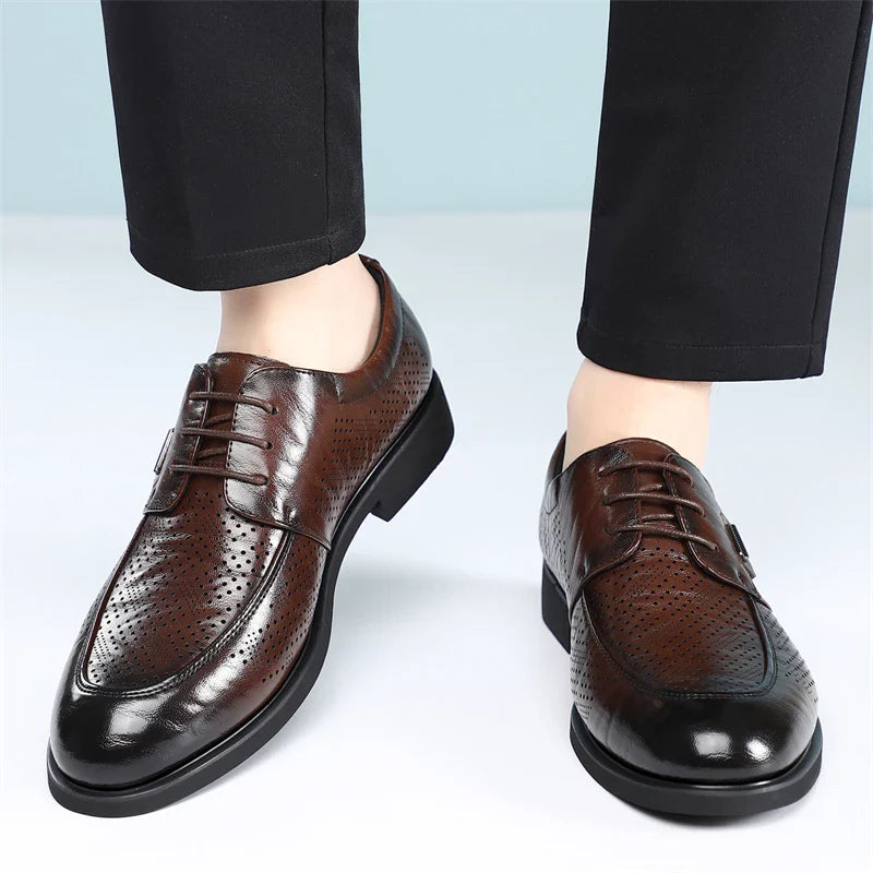Men's Summer Breathable Leather Shoes Comfortable Soft Bottom Hollow Design Business Formal Derby Shoes British Style-SJ551-1