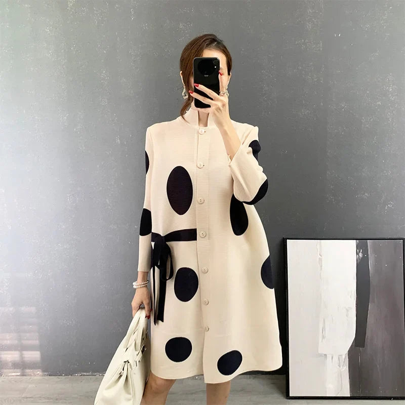 Pleated Dot Printing Dress 2025 Autumn Single Breasted Plus Size Drawstring Elegant Streetwear Festival Women Clothing